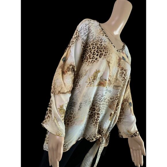 Chicos Safari Map Top Women Size 3 US XL Tie Front 3/4 Sleeves Leopard Print - Picture 3 of 10